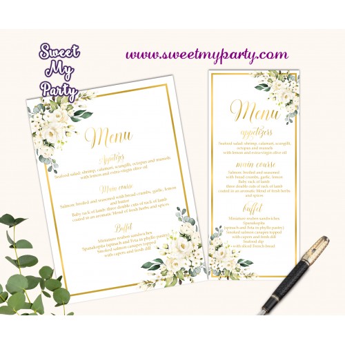 Ivory Roses Menu Card, Cream Roses Menu Card,(123b)
